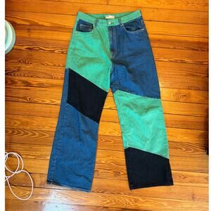 Bershka Patchwork Wide-Leg Jeans – 90s Colorblock Denim Pants, Size 10